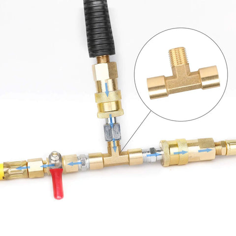 18 Piece Air Fittings Kit With Universal Quick Coupler And Ball Valve showing brass tee connection and hose assembly