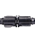 Side view of black Raindrip S5600UB Smart Loc universal drip irrigation coupling for 1/2, 5/8, and 0.710 in tubing