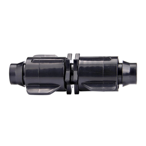 Side view of black Raindrip S5600UB Smart Loc universal drip irrigation coupling for 1/2, 5/8, and 0.710 in tubing