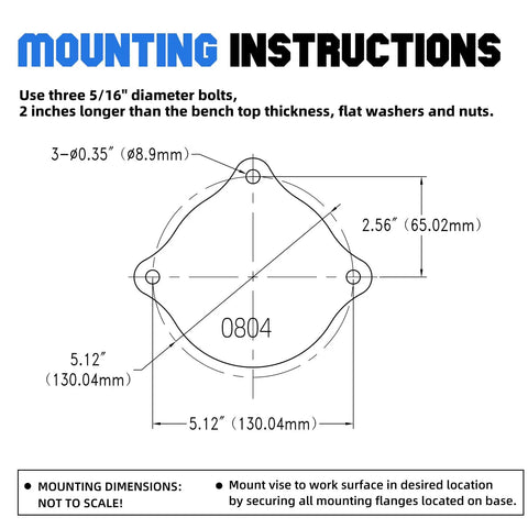 Mounting instructions for Beefy 4 Inch Bench Vise with Swivel Base and Anvil, showing bolt placement and measurements.