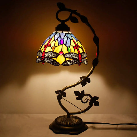Dragonfly Tiffany Style Table Lamp With Blue And Yellow Stained Glass Shade Bronze Metal Leaf Base 21 Inch Tall 8 Inch Wide Shade