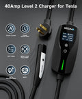 Heavy Duty Level 2 Ev Charger For Tesla With Nacs Cord And Nema 14-50 Plug At Forty Amps showing controls and plug.