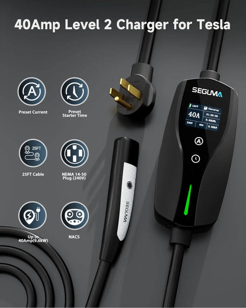 Heavy Duty Level 2 Ev Charger For Tesla With Nacs Cord And Nema 14-50 Plug At Forty Amps showing controls and plug.