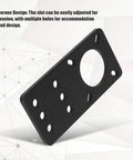 Black anodized aluminum NEMA 17 stepper motor mounting plate with multiple holes for 3D printers