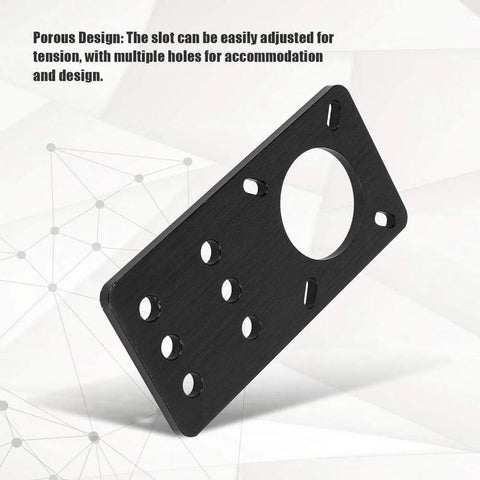 Black anodized aluminum NEMA 17 stepper motor mounting plate with multiple holes for 3D printers