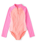 Girls Long Sleeve Half Zip Rashguard Swimsuit Pink Abalone UPF 50 Plus Sun Protection with colorblock sleeves.