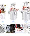 Pro Grade Heavy Duty 15 Liter Pneumatic Pressure Paint Spray Gun For Smooth Marble Coatings And Metallic Lacquer Spraying showing 2L, 10L, and 15L tanks.