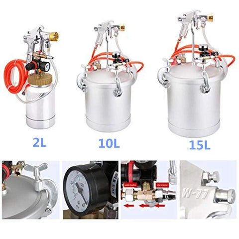 Pro Grade Heavy Duty 15 Liter Pneumatic Pressure Paint Spray Gun For Smooth Marble Coatings And Metallic Lacquer Spraying showing 2L, 10L, and 15L tanks.