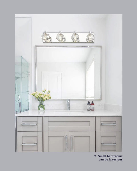 4 Light Bathroom Vanity Light With K9 Crystal Lampshades And Silver Chrome Finish, Modern Crystal Vanity Light Fixtures over mirror