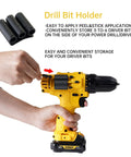 Drill Bit Holder Holster Pack Of 4 attaches to the side of a yellow drill, with holder storing 6 driver bits for quick swaps.
