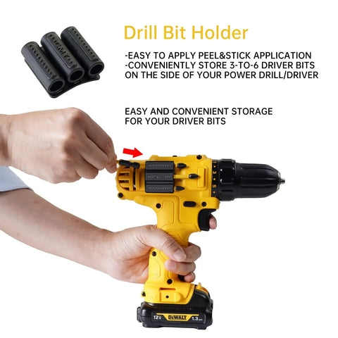 Drill Bit Holder Holster Pack Of 4 attaches to the side of a yellow drill, with holder storing 6 driver bits for quick swaps.