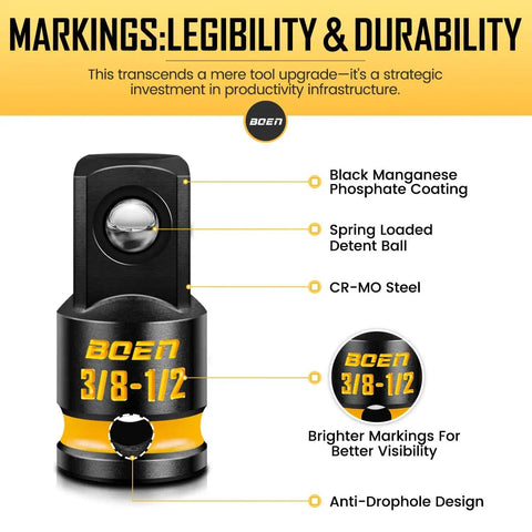 2 Pack 3/8 F to 1/2 M Impact Socket Adapters, 3/8 Drive For Ratchet Wrench, ANSI Standard, Deep Yellow Embossed Markings, CR-MO Steel