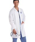 Flattering Fit Workhorse Ultra Soft Stretch Men's 38 Inch Lab Coat With Hand Access Slits 3 Outside Pockets 65/35 Polyester Cotton Easy Care White Medical Coat For Work In Clinics And Labs, man wearing stethoscope