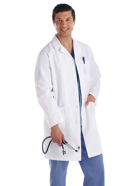 Flattering Fit Workhorse Ultra Soft Stretch Men's 38 Inch Lab Coat With Hand Access Slits 3 Outside Pockets 65/35 Polyester Cotton Easy Care White Medical Coat For Work In Clinics And Labs, man wearing stethoscope