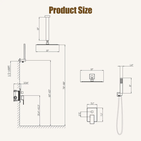 Diagram of All Metal Brushed Gold Shower Head System with Pressure Balance Valve Kit, showing dimensions for 10 Inch Rain Head and Spray.
