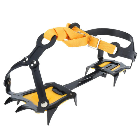Grippy Anti Slip Ice Crampons With 10 Teeth Stainless Steel Snow Grips for Men and Women, close-up view, yellow and black design.