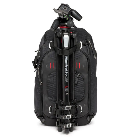 Black Pro Photo Backpack For Camera Gear Loadout With Four Access Points, tripod attached on front, front view.