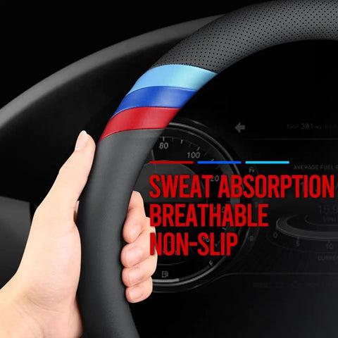 Close-up of BMW Nappa Leather Steering Wheel Cover Slim Fit With Three Color Stripe Design held by a hand, showing breathable texture.