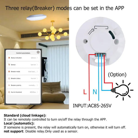 Zigbee 24GHz MmWave Presence Sensor With Body Motion And Static Detection, diagram, control settings, and living room setup.