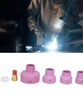 Gas Lens Welding Consumables Kit With Ceramic Nozzles And Mouth Pro Grade Heavy Duty Industrial Grade Welding Accessories Sets In 12 14 16 24 Sizes, Includes Electrode Holder Grooved Connector With Mesh And PTFE Front Cover For Reliable Welding displayed with worker welding