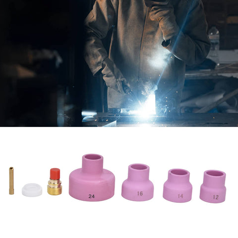 Gas Lens Welding Consumables Kit With Ceramic Nozzles And Mouth Pro Grade Heavy Duty Industrial Grade Welding Accessories Sets In 12 14 16 24 Sizes, Includes Electrode Holder Grooved Connector With Mesh And PTFE Front Cover For Reliable Welding displayed with worker welding
