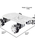 Moebius Metal Mecanum Omni Wheel robot car kit with four 12V motors, 4WD chassis.