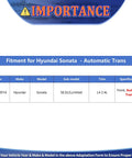 Fitment chart for Hyundai Sonata 2011-2014 models with automatic transmission, detailing year, make, model, and specifications.