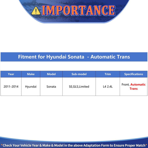 Fitment chart for Hyundai Sonata 2011-2014 models with automatic transmission, detailing year, make, model, and specifications.