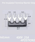 High Voltage Screw Terminal Block Kit Two Sets Four Position Dual Row 600V 25A With Cover And Pre Insulated Barriers Includes Insulated Fork Wire Connectors, 4-position block with dimensions