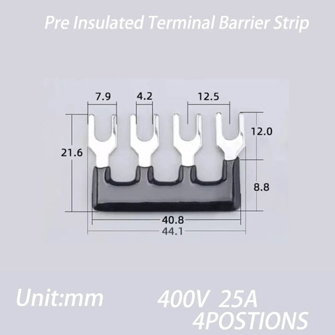 High Voltage Screw Terminal Block Kit Two Sets Four Position Dual Row 600V 25A With Cover And Pre Insulated Barriers Includes Insulated Fork Wire Connectors, 4-position block with dimensions