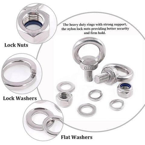 Heavy Duty M14 Eye Bolt Set In 304 Stainless Steel With Lock Nuts, Lock Washers, And Flat Washers For Lifting, Rigging, And Securing Projects