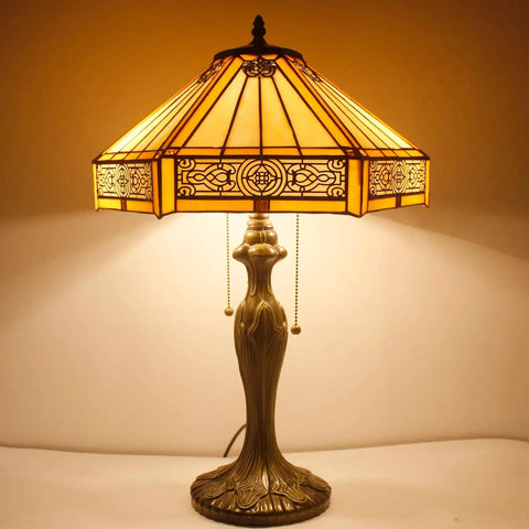 Tiffany Hexagon Yellow Stained Glass Table Lamp In Mission Style With Zinc Bronze Base, 16 Inch Shade, 24 Inch Tall, UL Listed