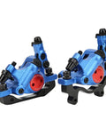 Heavy Duty Aluminum Alloy Mechanical Disc Brakes Front Rear Set For Mountain Bikes Hella Smooth Two Way Piston Action Stops On A Dime Blue Color Slick Setup - front and rear calipers view.