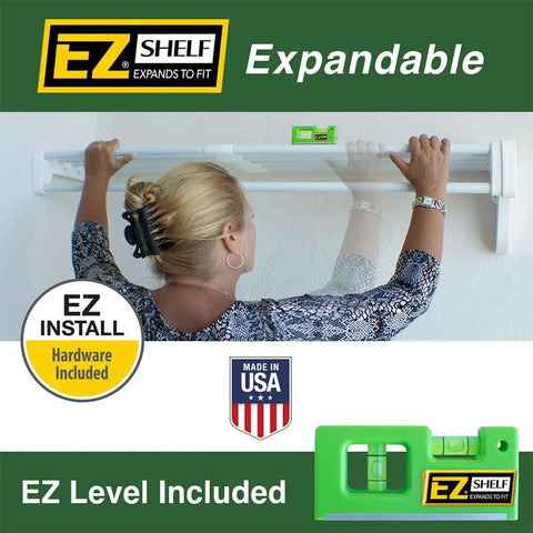 Woman installing Expandable Closet Shelf With Hanging Rod 19.5 To 29 Inches White Backwall Floating Shelf Kit Holds 200 Lbs.