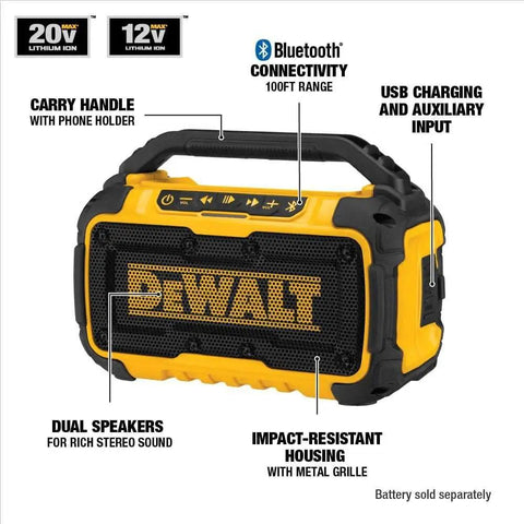 20V Max Bluetooth Jobsite Speaker With 100 Ft Range Durable Build Dual Speakers For Rich Stereo Sound Built In Phone Holder