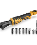 Cordless Three Eighth Inch Ratchet Wrench Packing Eighty Eight Foot Pounds Of Real Deal Power Running Smooth At Five Hundred Rpm Compatible With Dewalt Twenty Volt Batteries For Auto Shop Grind Or Weekend Mechanic Jobs Tool Only No Battery Included with various socket sizes.