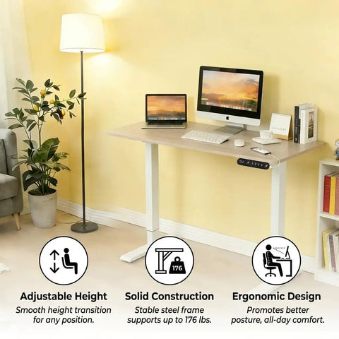 Home Office Game Changer Electric Standing Desk With Height Adjustable Programmable Memory Buttons Solid Steel Frame Smooth Motor Lift For Daily Comfort And Reliable Performance In 48 By 24 Inches in ergonomic setup with computers and plants.