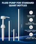 LOZAGU fluid pump for standard quart bottles; white plastic pump with 28mm adaptor and long clear tube, 10cc per stroke.