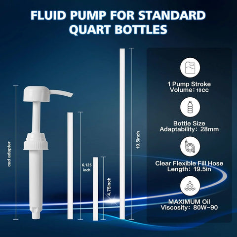 LOZAGU fluid pump for standard quart bottles; white plastic pump with 28mm adaptor and long clear tube, 10cc per stroke.