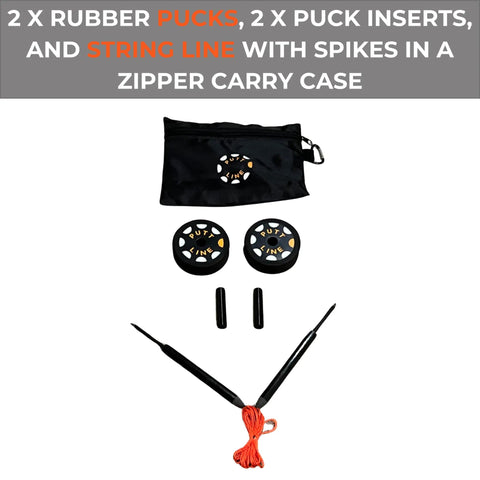 Two-Way Putting Alignment System For Golf Training Indoor And Outdoor Practice Tool includes pucks, string line, and case