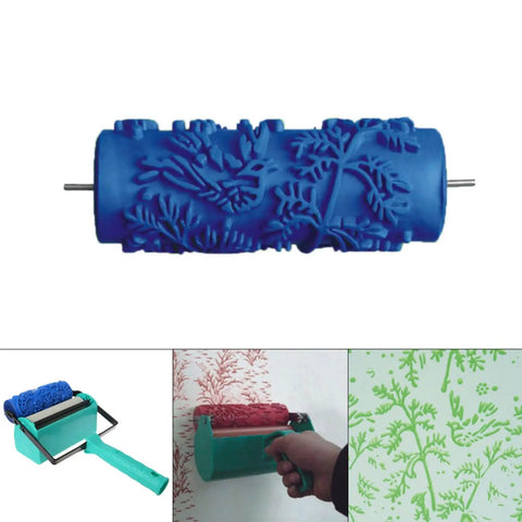 Premium 5 Inch Rubber Patterned Paint Roller Featuring An Ergonomic Handle Delivers Hella Smooth Wall And Furniture Finishes fast effortless diy coverage that cuts out brush mark drama every time you roll, showing blue textured head.