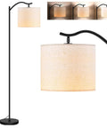 Arched LED Floor Lamp With Beige Linen Shade Slick Modern Mid Century Standing Lamp Black Finish Built In Footswitch Ideal For Living Room Bedroom Study Or Office E26 Base Socket Bulb Not Included Durable Steel Construction