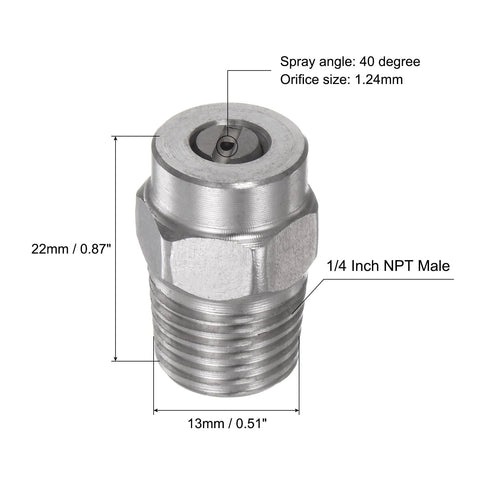 Close-up of uxcell stainless steel pressure washer spray tip with 1/4 in NPT male thread, 40° spray angle, 1.24 mm orifice