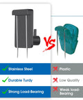 Comparison of stainless steel and plastic cubicle hooks, highlighting durability and load-bearing strength with 50-pound capacity.