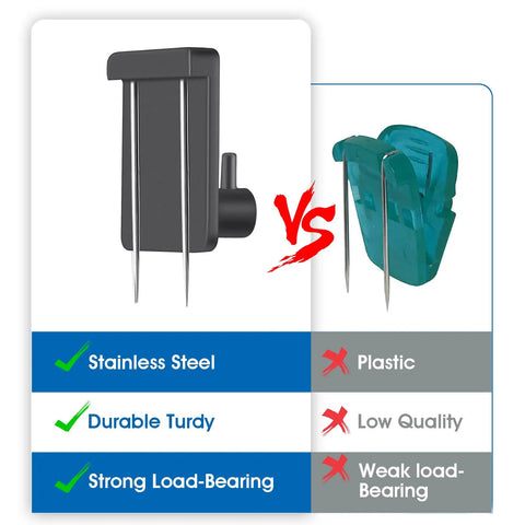 Comparison of stainless steel and plastic cubicle hooks, highlighting durability and load-bearing strength with 50-pound capacity.