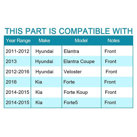 Compatibility chart for Front Left Or Right Wheel Hub Replacement For Hyundai Elantra Veloster And Kia Forte Plug And Play Ready