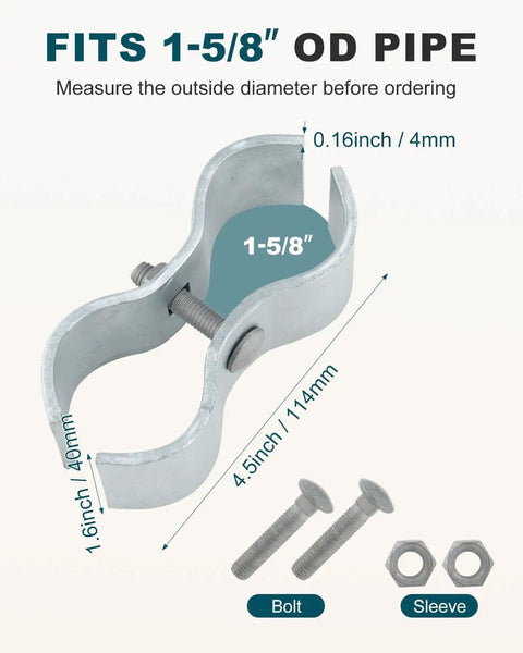 Image of Heavy Duty Chain Link Fence Panel Clamps For 1-5/8 Inch OD Round Pipe Galvanized Dog Kennel Hardware with bolts and nuts.