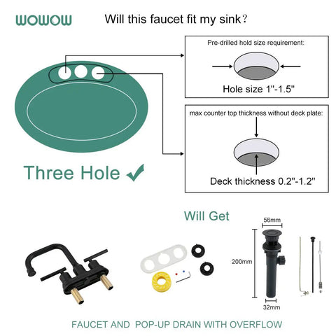 Diagram showing installation requirements for Matte Black 4 Inch Centerset Bathroom Faucet With Two Handles High Arc Lavatory Sink Tap