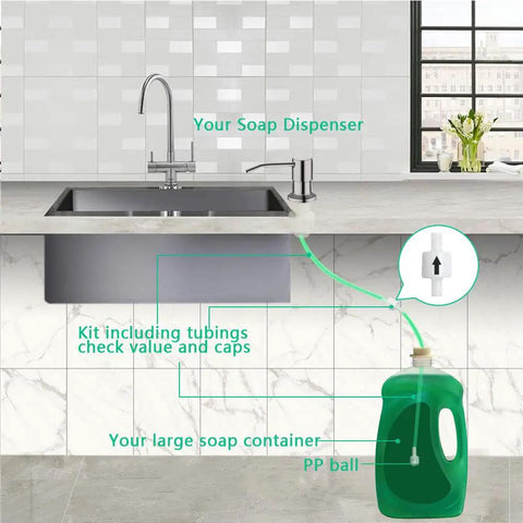 Diagram showing Brushed Nickel Built In Kitchen Soap Dispenser With 47 Inch Extension Tube Kit and Long Thread Shaft installed under sink