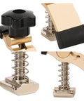 Close-up view of Two Piece Mini Hold Down Clamp Kit for CNC Routers with adjustable multi-angle features, showing T-slot design.
